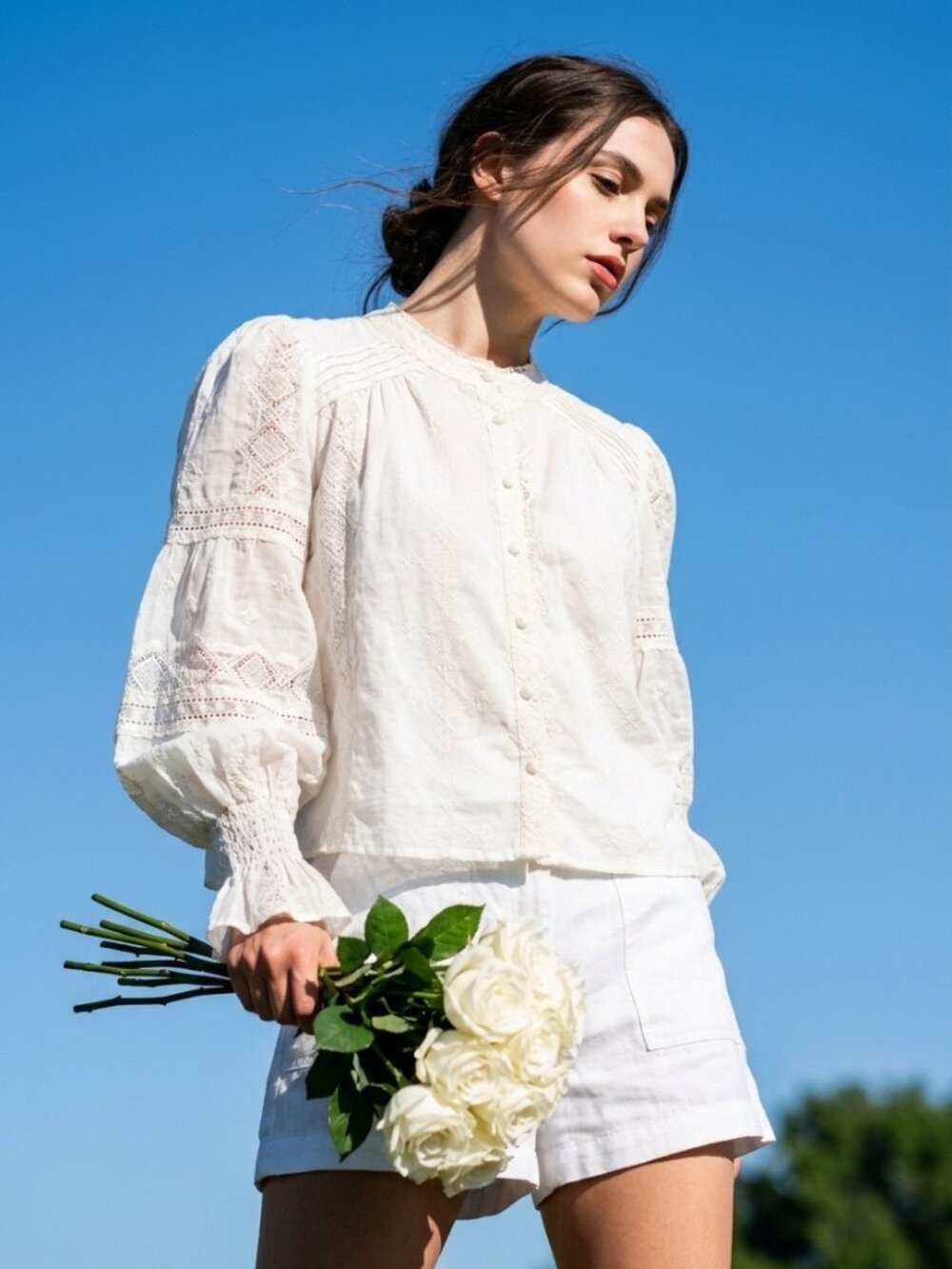 NWT Caroline Constas Ivory Embroidered Lace Blouse Boho Cottagecore Size S